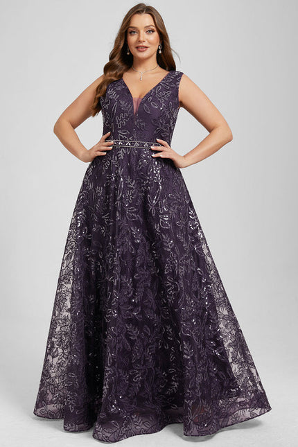 Robe Dentelle Soirée Violette Perlée - gallery 9