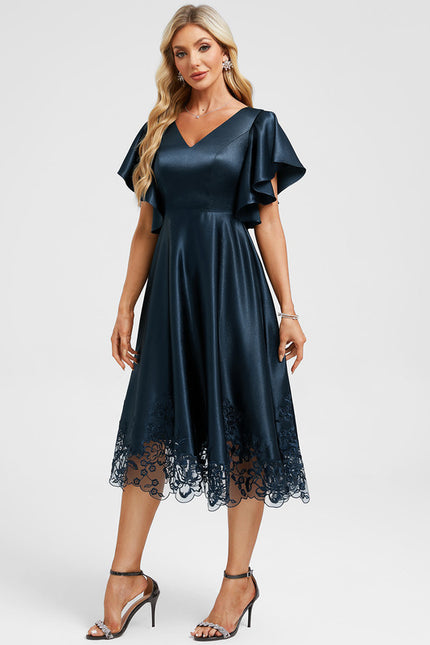Robe Dentelle Satin Bleu Nuit - gallery 4