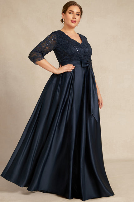 Robe Dentelle Longue Satin Marine - gallery 6