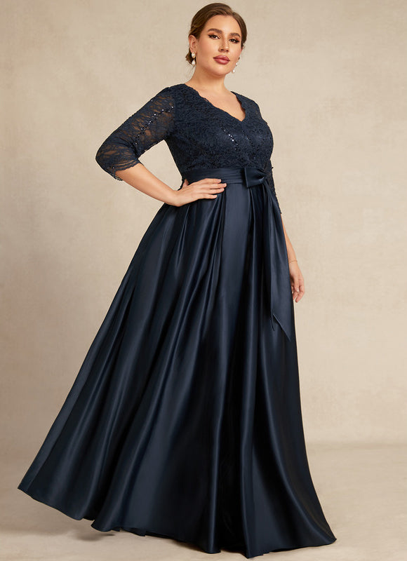 Robe Dentelle Longue Satin Marine - gallery 6