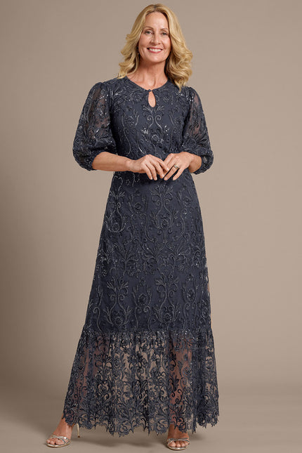 Robe Dentelle Longue En Dentelle Grise - gallery 4