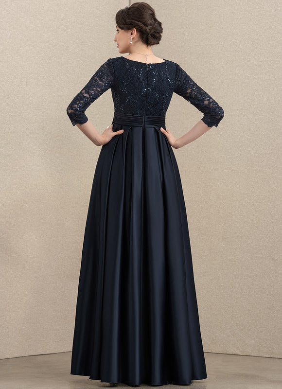Robe Dentelle Longue Satin Marine - gallery 3