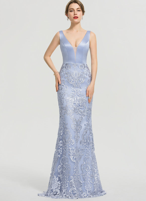 Robe Dentelle Satinée Bleue - gallery 3