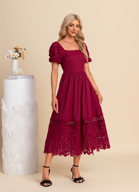 Robe Dentelle Midi Bordeaux Brodée - gallery 3