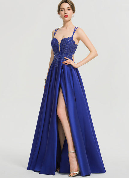 Robe Dentelle Satin Bleu Éclat