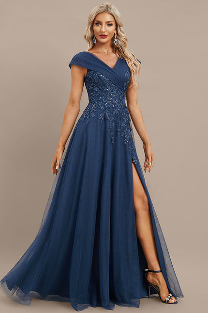 Robe Dentelle Soirée Marine Évasée - gallery 4