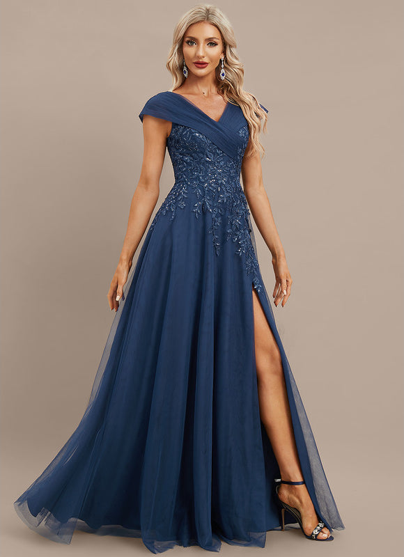 Robe Dentelle Soirée Marine Évasée - gallery 4