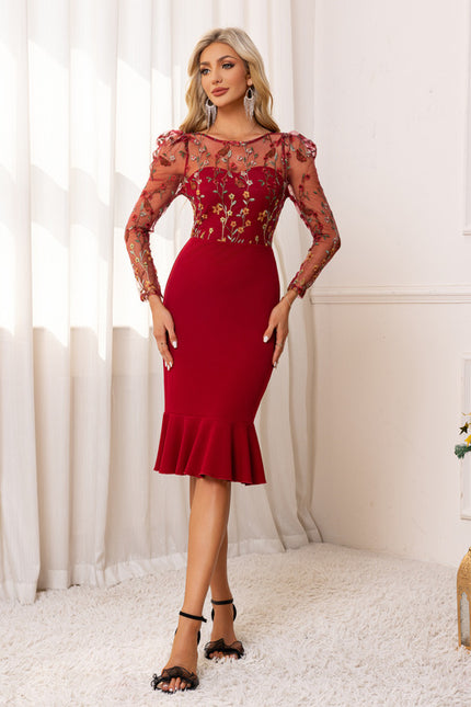 Robe Dentelle Bordeaux À Manches Transparentes - gallery 6