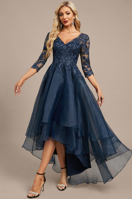 Robe Dentelle Asymétrique Bleu - gallery 4