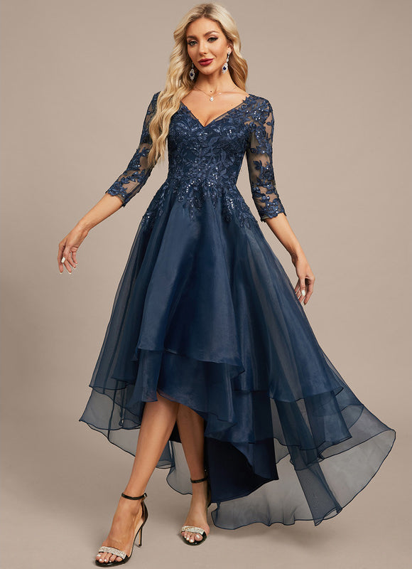 Robe Dentelle Asymétrique Bleu - gallery 4