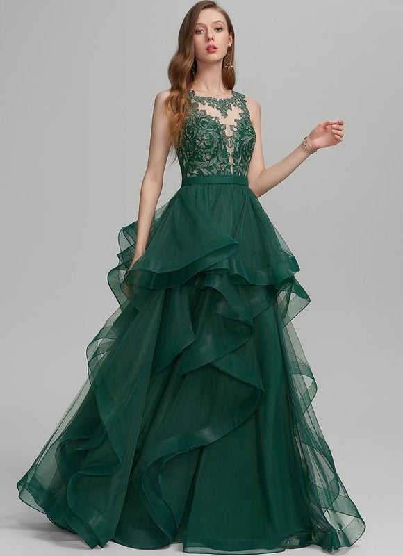 Robe Dentelle Émeraude Volants