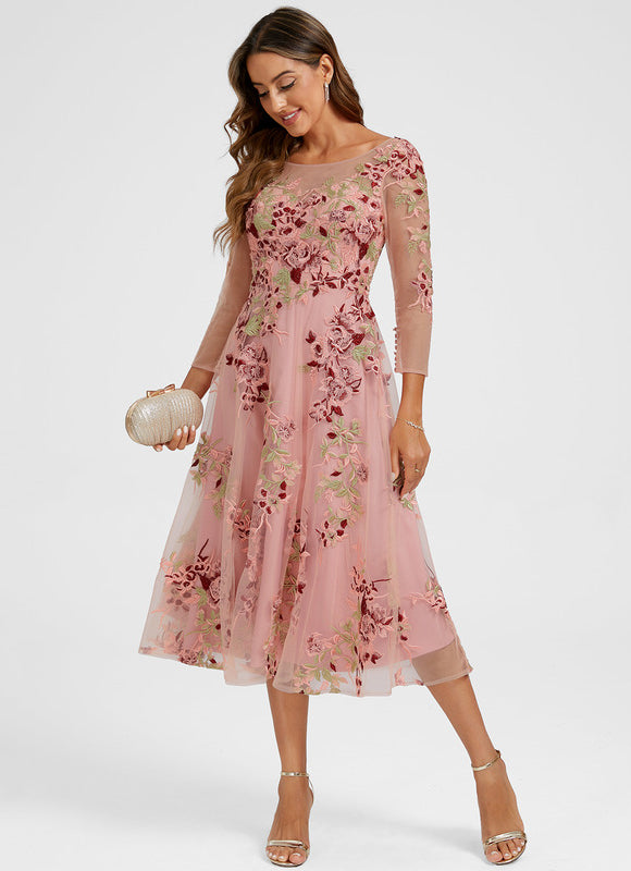 Robe Cocktail Rose Poudré Dentelle - gallery 4
