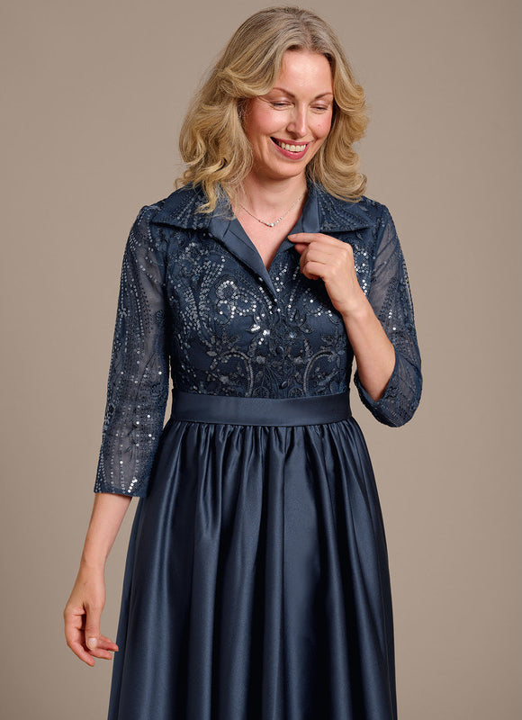 Robe Dentelle Satin Bleu Marine - gallery 3