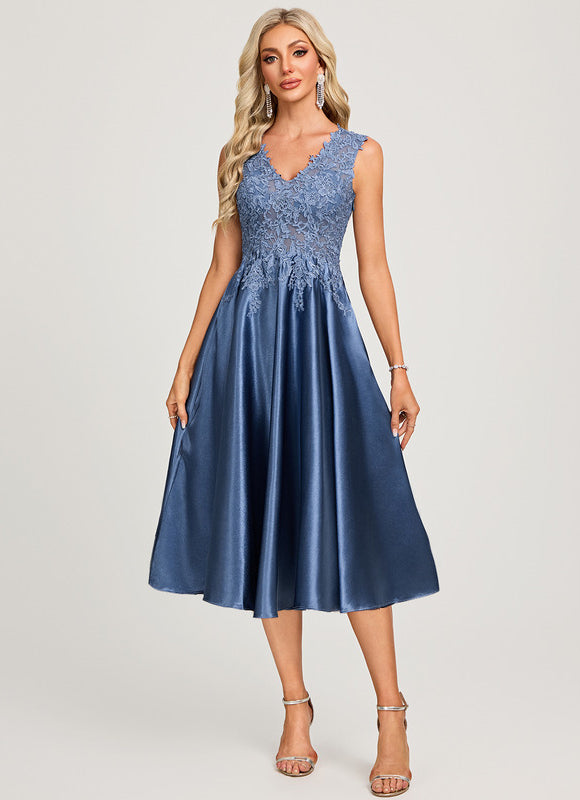 Robe Dentelle Satin Bleu Nuit - gallery 3