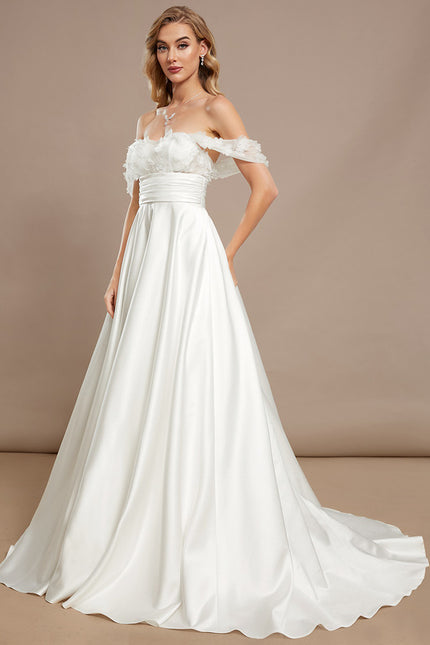 Robe Blanche Dentelle Epaule Dénudée - gallery 1