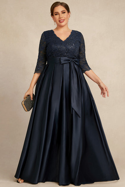 Robe Dentelle Longue Satin Marine - gallery 4