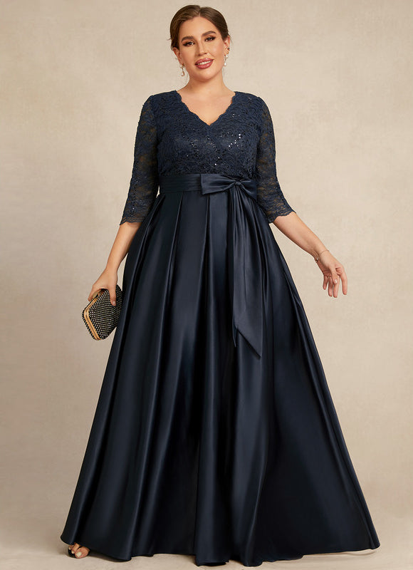 Robe Dentelle Longue Satin Marine - gallery 4
