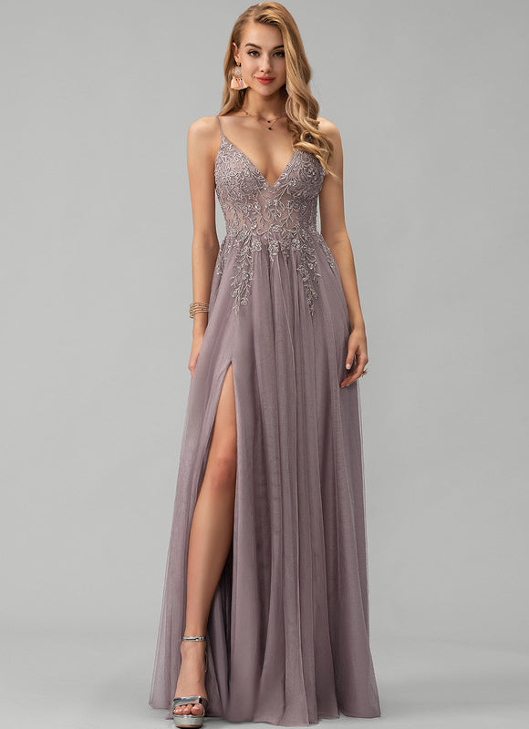 Robe Dentelle Longue Mauve Élégante - gallery 3