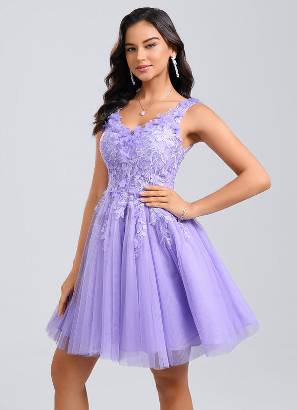 Robe Dentelle Courte Lilas Fleuri - gallery 2