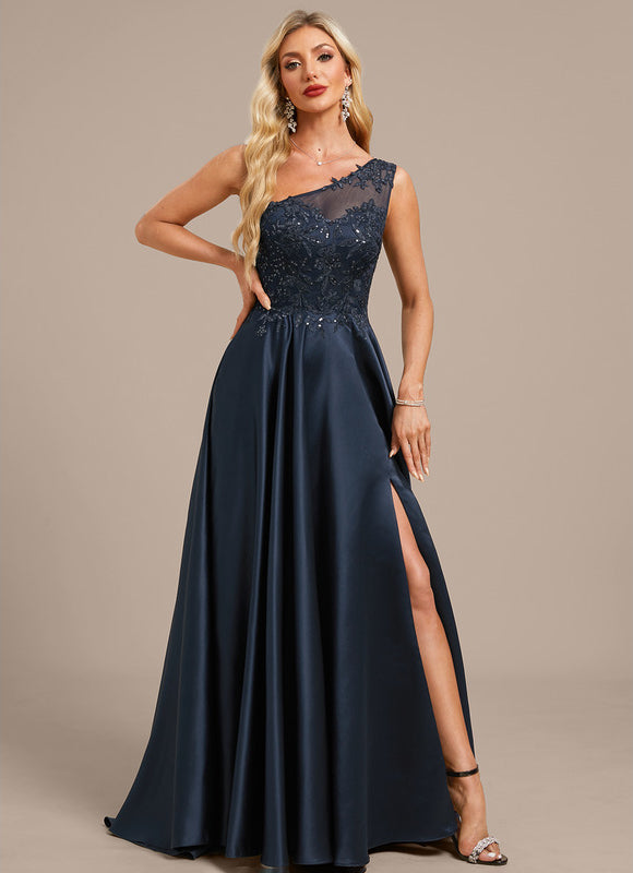 Robe Dentelle Satin Asymétrique - gallery 2