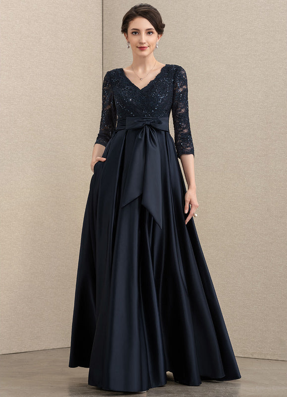 Robe Dentelle Longue Satin Marine - gallery 2