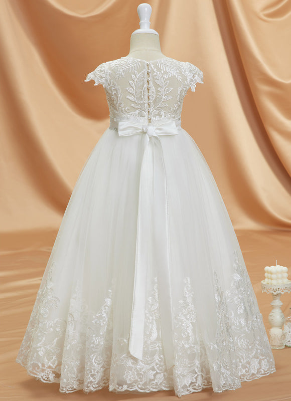 Robe Dentelle Nuptiale Enfant Tulle Ornée - gallery 5