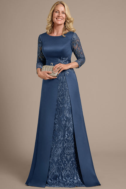Robe Dentelle Longue Satinée Bleu - gallery 4