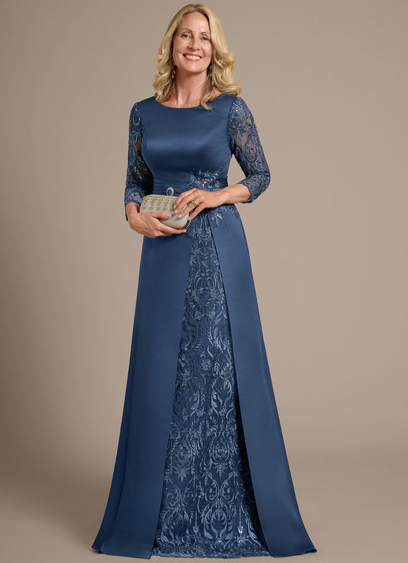 Robe Dentelle Longue Satinée Bleu - gallery 4