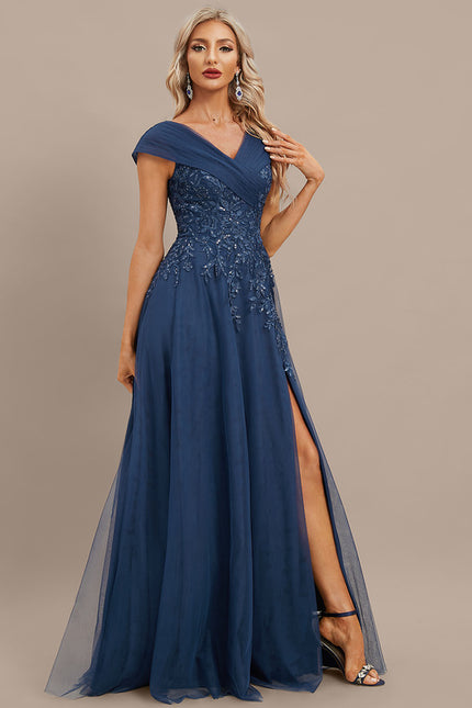 Robe Dentelle Soirée Marine Évasée - gallery 5