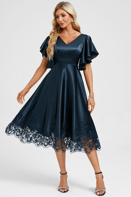 Robe Dentelle Satin Bleu Nuit - gallery 3