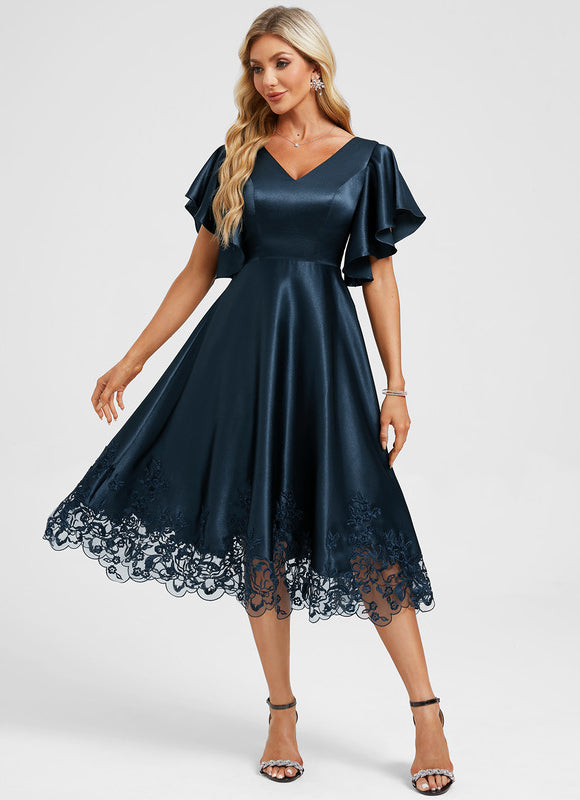 Robe Dentelle Satin Bleu Nuit - gallery 3