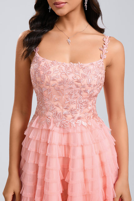 Robe Dentelle Tulle Rose Volants - gallery 4