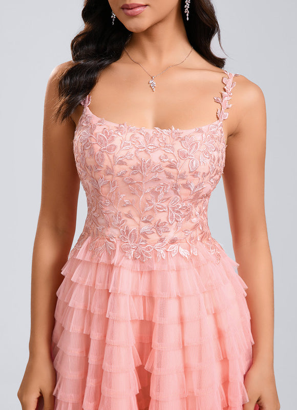 Robe Dentelle Tulle Rose Volants - gallery 4
