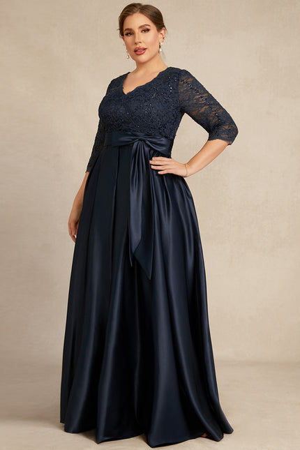 Robe Dentelle Longue Satin Marine - gallery 8