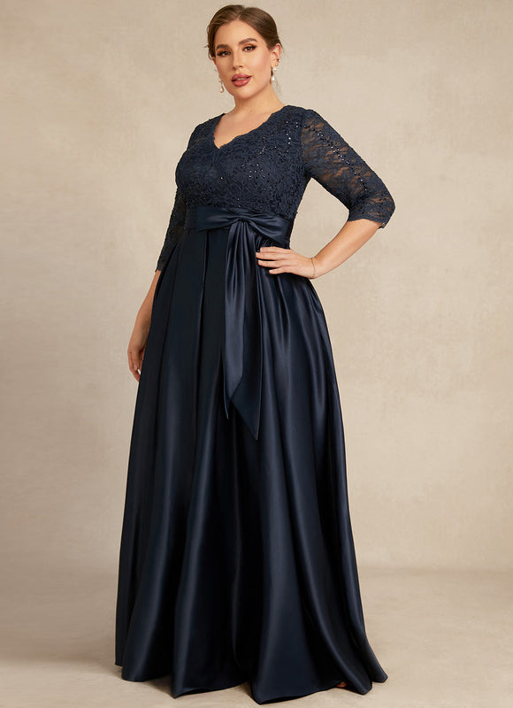 Robe Dentelle Longue Satin Marine - gallery 8