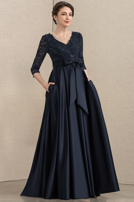 Robe Dentelle Longue Satin Marine