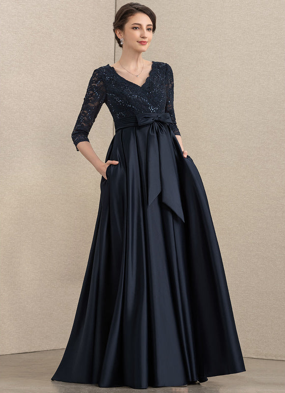 Robe Dentelle Longue Satin Marine