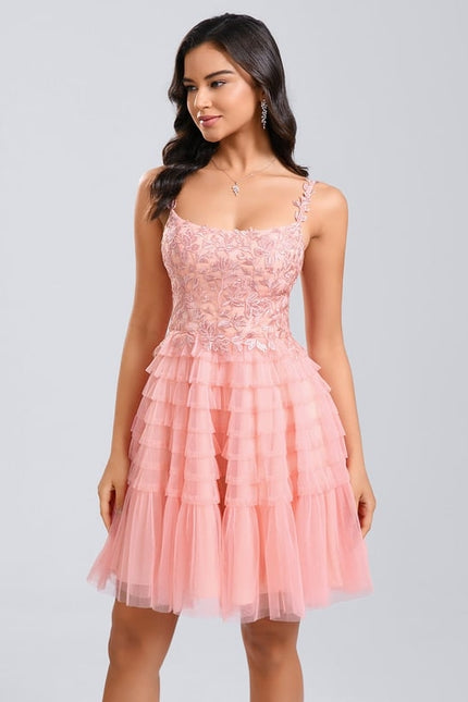 Robe Dentelle Tulle Rose Volants - gallery 2