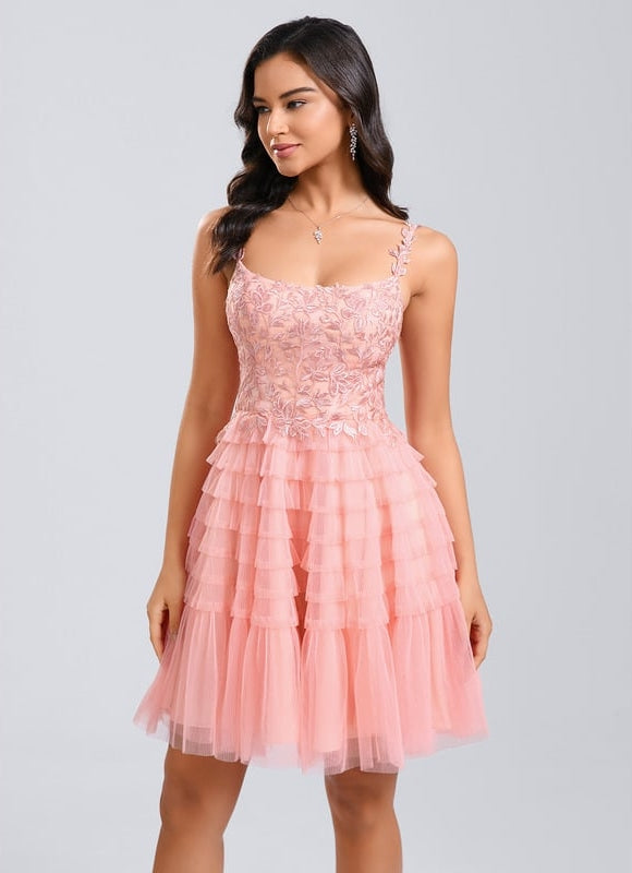 Robe Dentelle Tulle Rose Volants - gallery 2