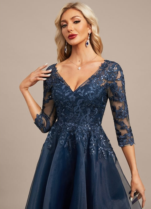 Robe Dentelle Asymétrique Bleu - gallery 1