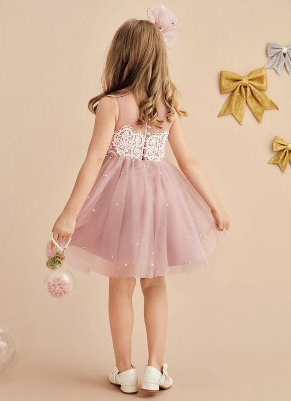Robe Dentelle Fille Rose Perlée - gallery 9