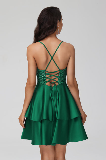 Robe Dentelle Satin Vert Émeraude - gallery 1
