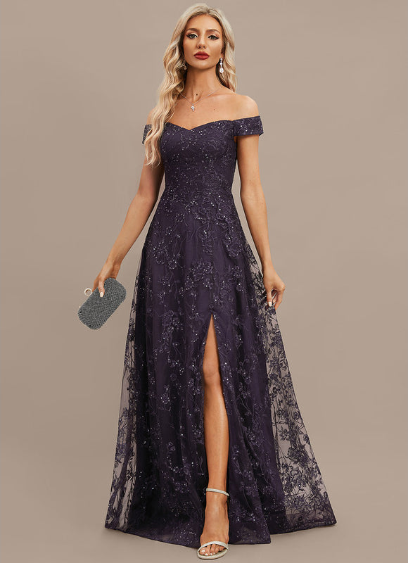 Robe Dentelle Soirée Violette Scintillante - gallery 3