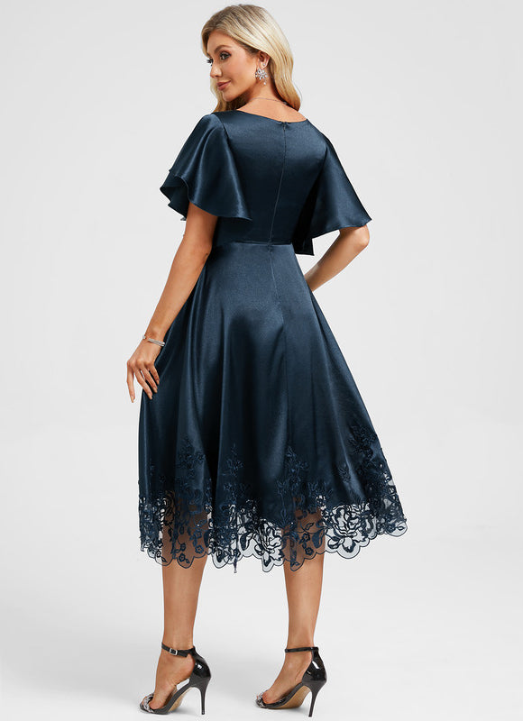 Robe Dentelle Satin Bleu Nuit - gallery 6