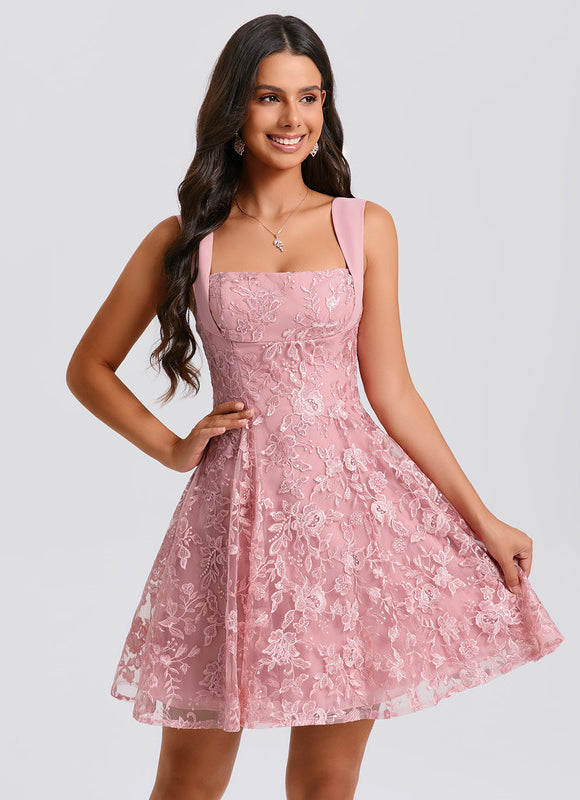 Robe Dentelle Rose À Bretelles - gallery 4