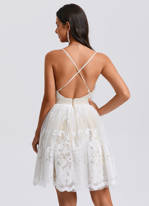 Robe Blanche Dentelle Col V - gallery 3