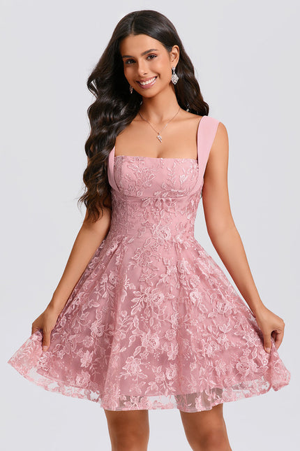 Robe Dentelle Rose À Bretelles