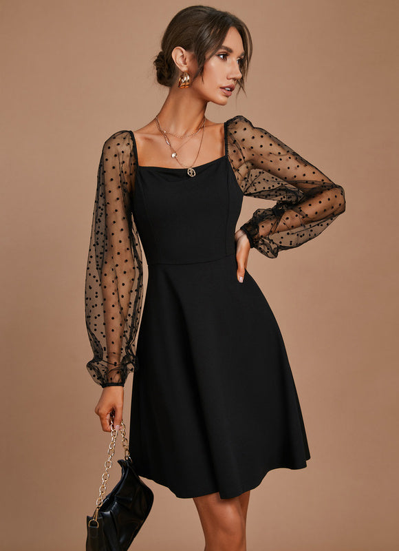 Robe Dentelle Noire À Manches Bouffantes - gallery 2