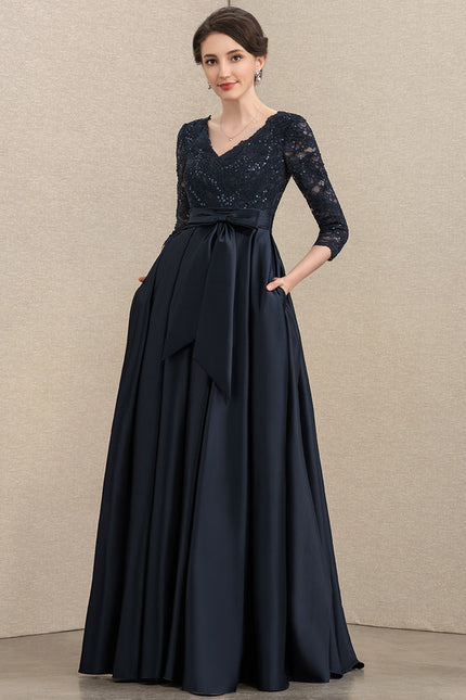 Robe Dentelle Longue Satin Marine - gallery 1