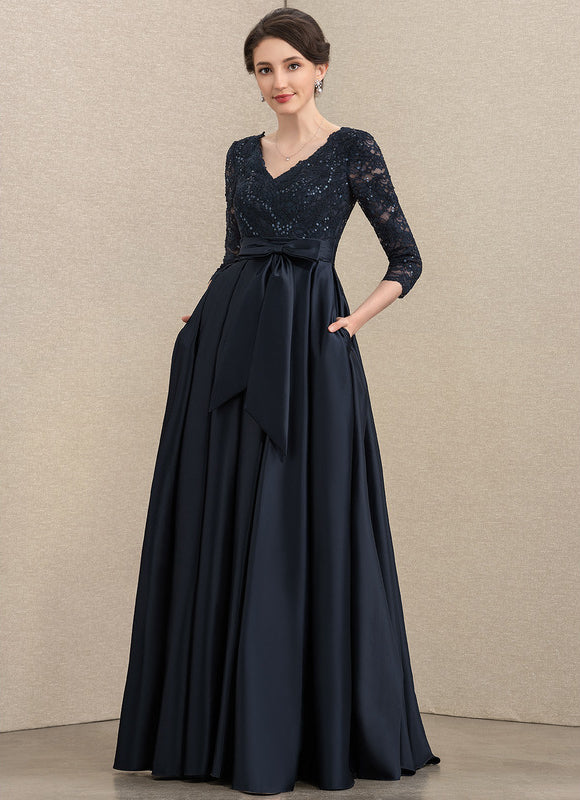Robe Dentelle Longue Satin Marine - gallery 1